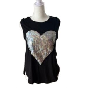 NOISYQ Black Sequin Heart Tank Top Small | Statement Graphic